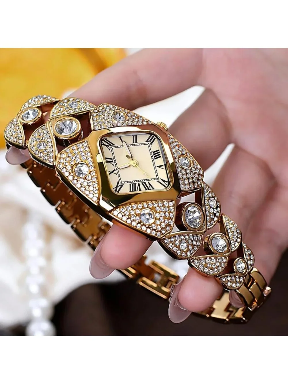 Women's Gold Rhombic Square Rhinestone Bracelet Roman Numerals Dial Wrist Watch